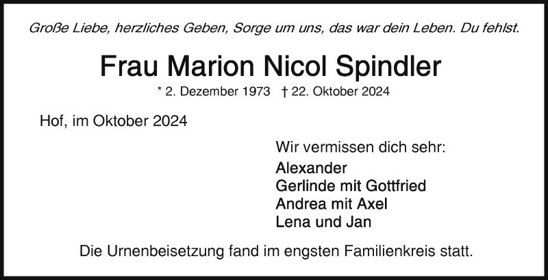  Traueranzeige für Marion Spindler vom 16.11.2024 aus Frankenpost