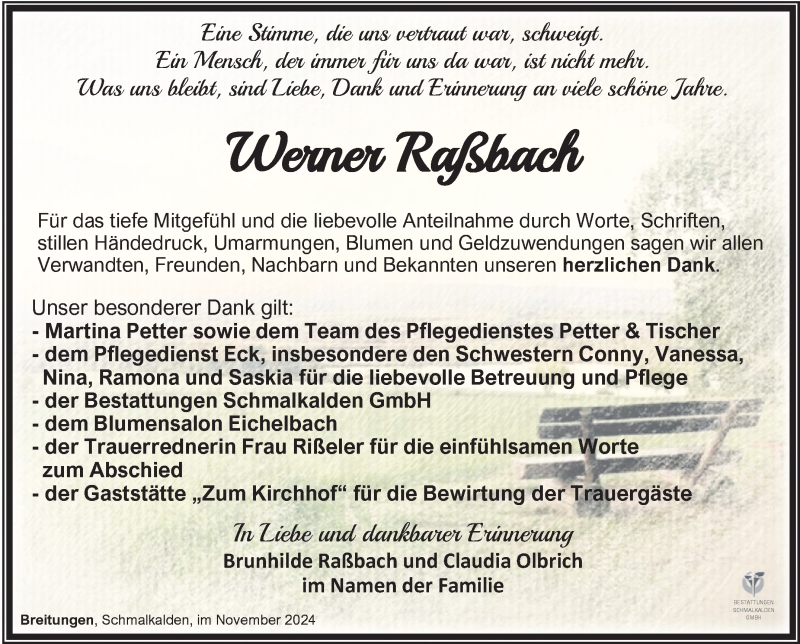  Traueranzeige für Werner Raßbach vom 23.11.2024 aus Südthüringer Presse