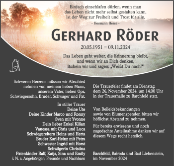 Traueranzeige von Gerhard Röder von Südthüringer Presse