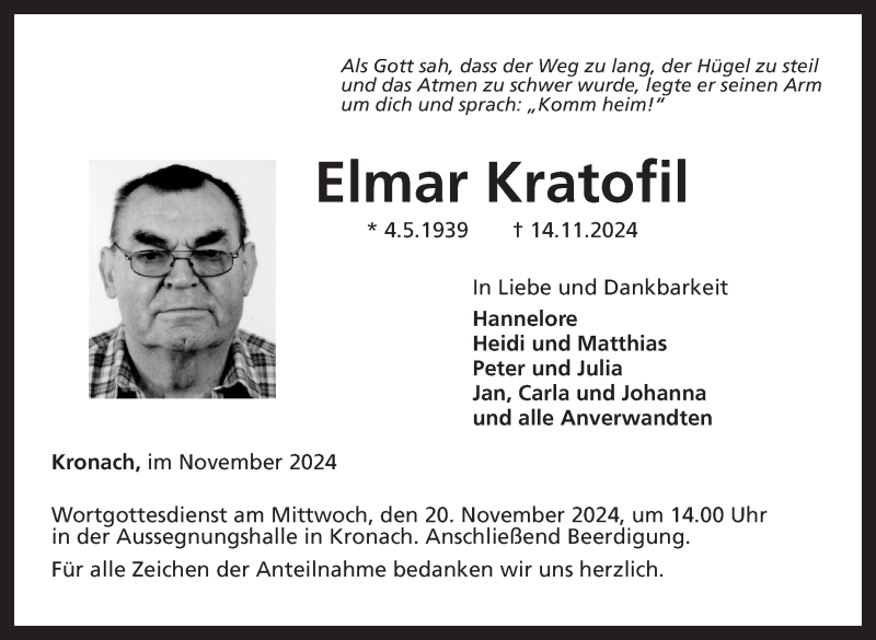  Traueranzeige für Elmar Kratofil vom 19.11.2024 aus Neue Presse Coburg