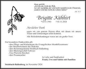 Traueranzeige von Brigitte Kühhirt von Südthüringer Presse