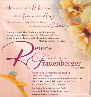 Traueranzeige von Renate Frauenberger von Südthüringer Presse