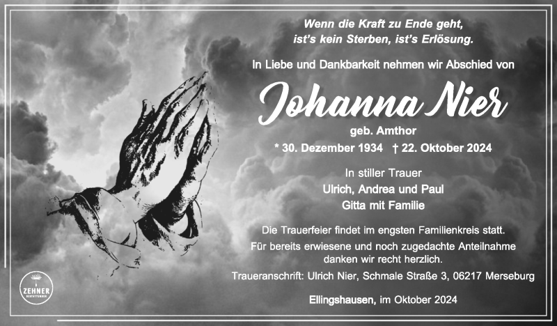 Traueranzeige für Johanna Nier vom 02.11.2024 aus Südthüringer Presse