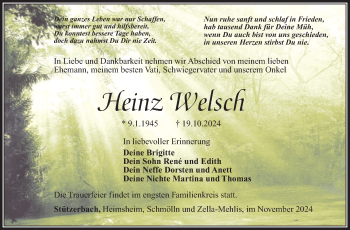 Traueranzeige von Heinz Welsch von Südthüringer Presse