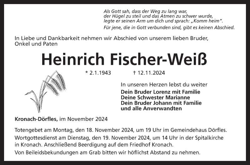  Traueranzeige für Heinrich Fischer-Weiß vom 16.11.2024 aus Neue Presse Coburg