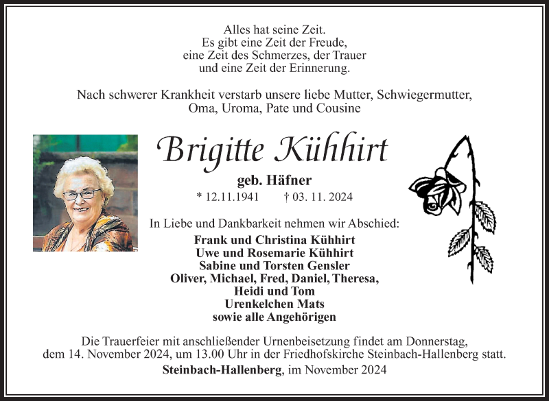  Traueranzeige für Brigitte Kühhirt vom 09.11.2024 aus Südthüringer Presse