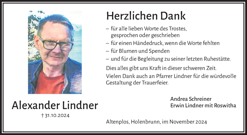  Traueranzeige für Alexander Lindner vom 23.11.2024 aus Südthüringer Presse