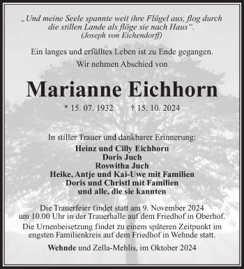 Traueranzeige von Marianne Eichhorn von Südthüringer Presse
