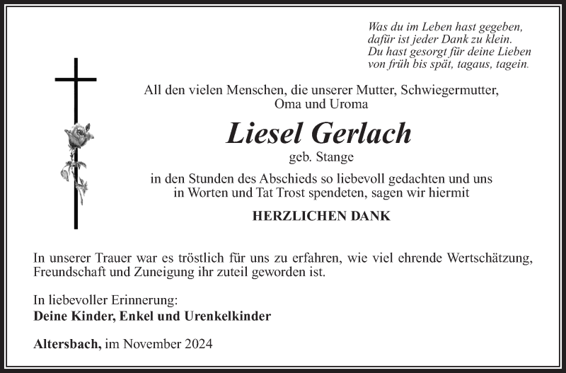  Traueranzeige für Liesel Gerlach vom 30.11.2024 aus Südthüringer Presse