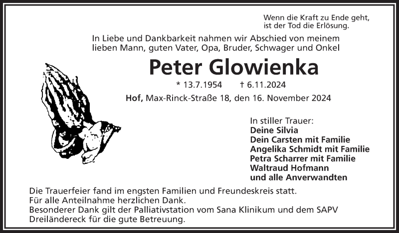  Traueranzeige für Peter Glowienka vom 16.11.2024 aus Frankenpost