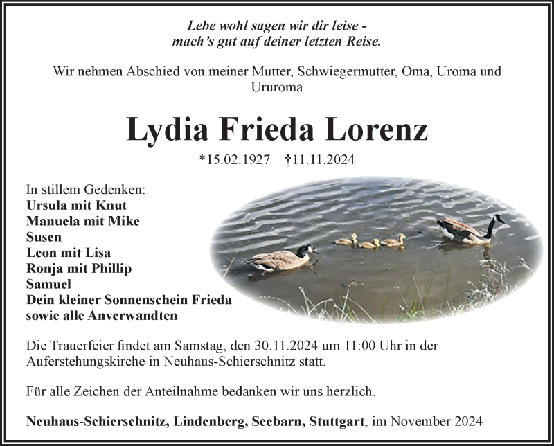  Traueranzeige für Lydia Lorenz vom 23.11.2024 aus Südthüringer Presse