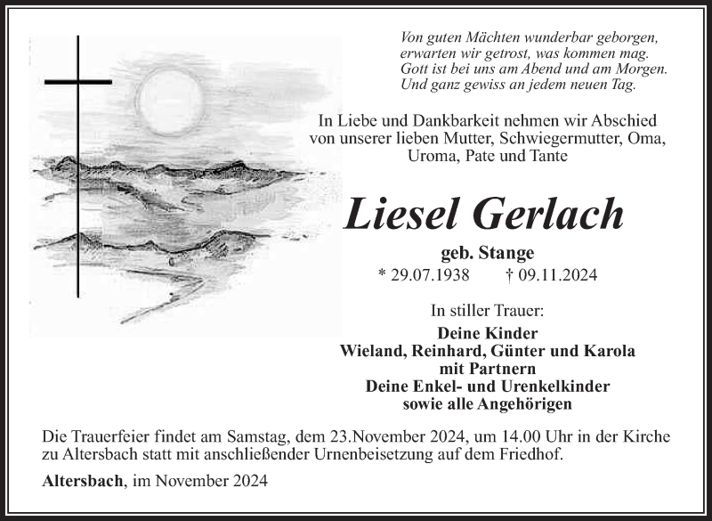  Traueranzeige für Liesel Gerlach vom 16.11.2024 aus Südthüringer Presse
