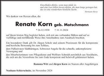 Traueranzeige von Renate Korn von Südthüringer Presse