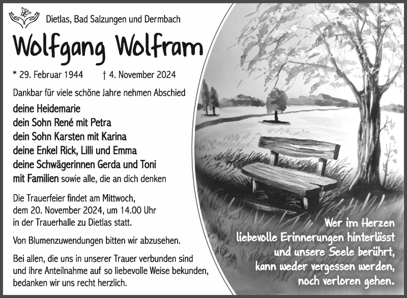  Traueranzeige für Wolfanga Wolfram vom 16.11.2024 aus Südthüringer Presse