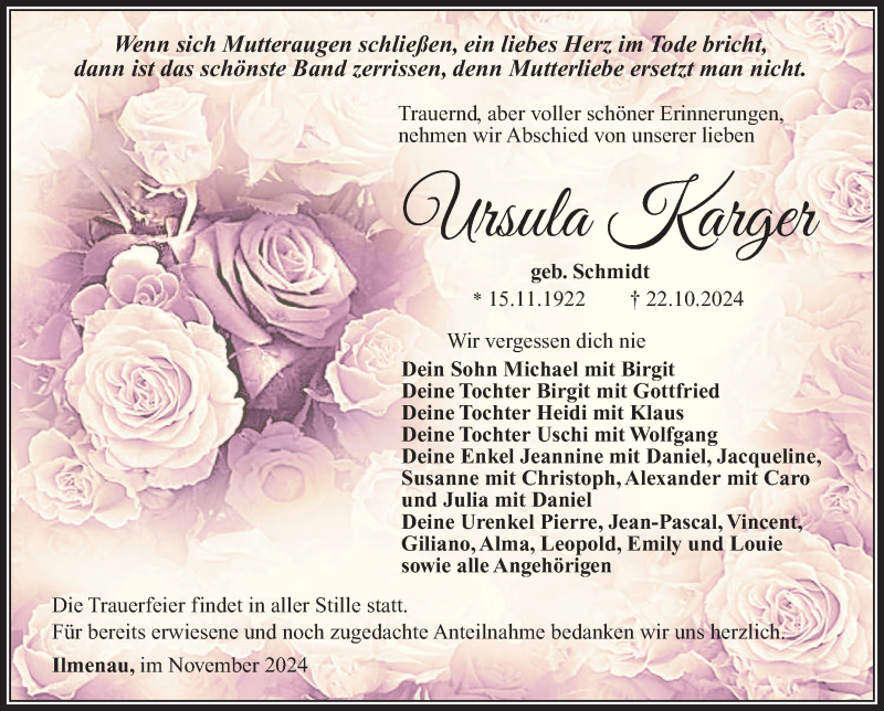  Traueranzeige für Ursula Karger vom 09.11.2024 aus Südthüringer Presse