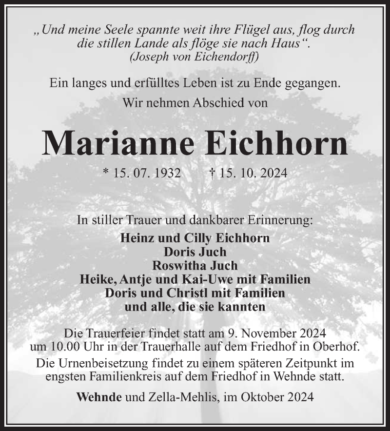  Traueranzeige für Marianne Eichhorn vom 02.11.2024 aus Südthüringer Presse