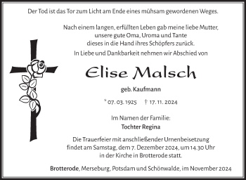 Traueranzeige von Elise Malsch von Südthüringer Presse