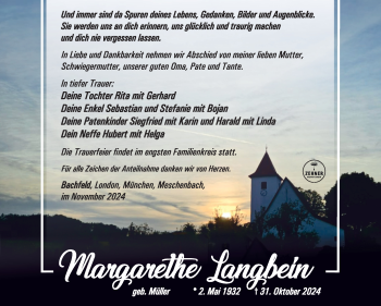 Traueranzeige von Margarete Langbein von Südthüringer Presse