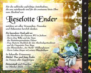 Traueranzeige von Lieselotte Ender von Südthüringer Presse
