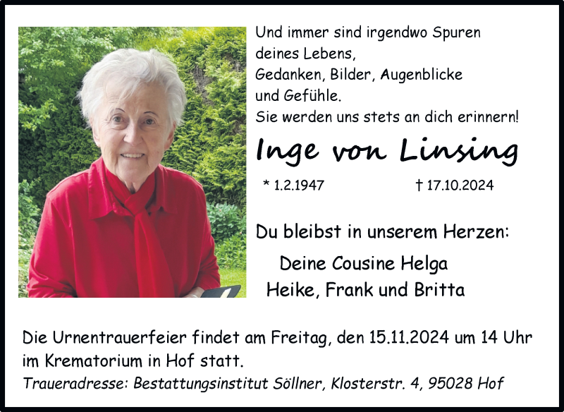  Traueranzeige für Inge Linsing vom 09.11.2024 aus Frankenpost