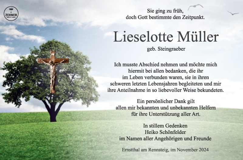  Traueranzeige für Lieselotte Müller vom 16.11.2024 aus Südthüringer Presse
