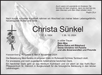 Traueranzeige von Christa Sünkel von Neue Presse Coburg