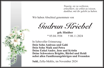 Traueranzeige von Gudrun Kriebel von Südthüringer Presse