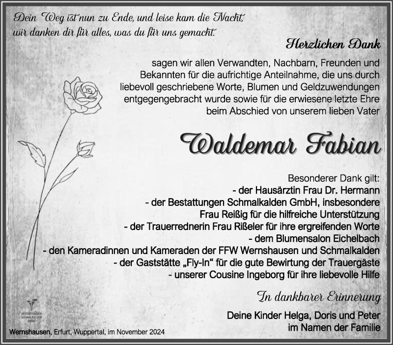  Traueranzeige für Waldemar Fabian vom 23.11.2024 aus Südthüringer Presse