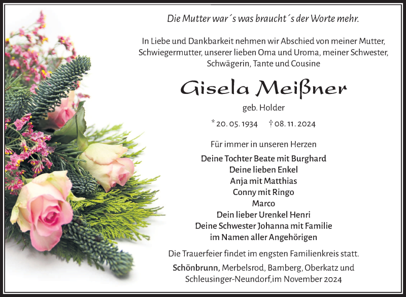  Traueranzeige für Gisela Meißnder vom 23.11.2024 aus Südthüringer Presse