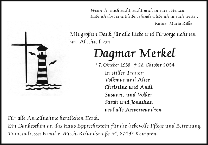  Traueranzeige für Dagmar Merkel vom 09.11.2024 aus Frankenpost