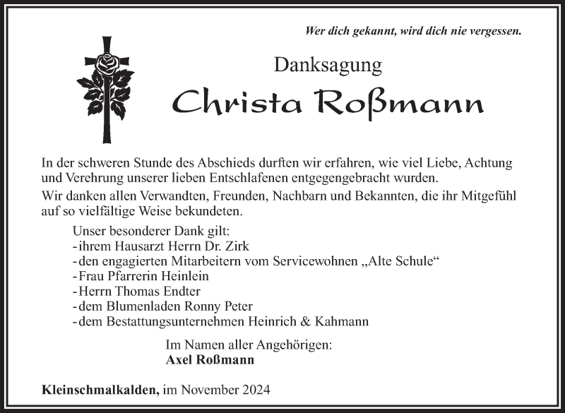  Traueranzeige für Christa Roßmann vom 29.11.2024 aus Südthüringer Presse