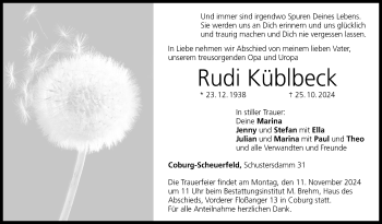 Traueranzeige von Rudi Küblbeck von Neue Presse Coburg
