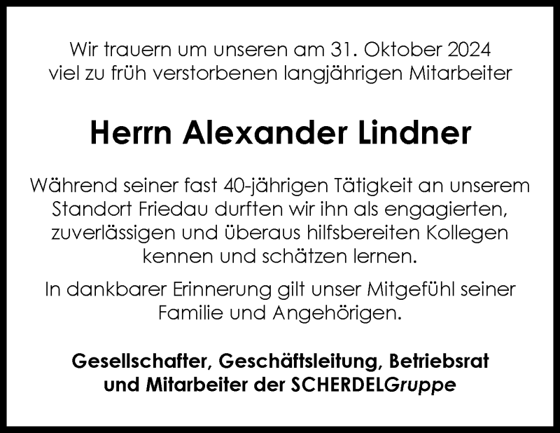  Traueranzeige für Alexander Lindner vom 09.11.2024 aus Frankenpost