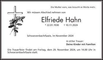 Traueranzeige von Elfriede Hahn von Frankenpost