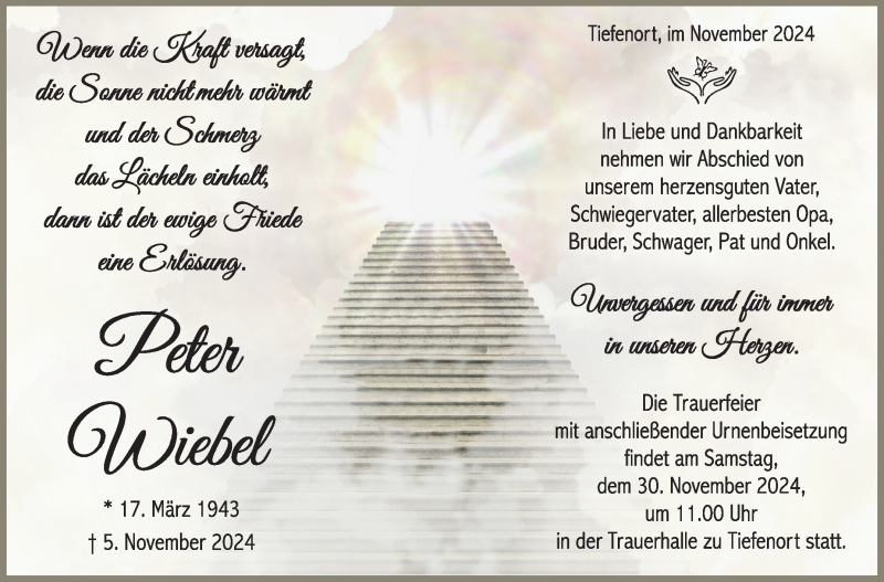  Traueranzeige für Peter Wiebel vom 23.11.2024 aus Südthüringer Presse