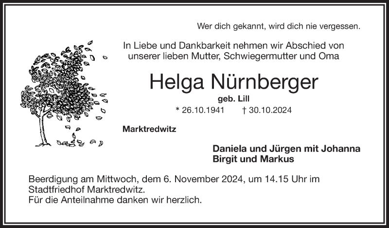  Traueranzeige für Helga Nürnberger vom 02.11.2024 aus Frankenpost