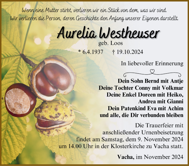  Traueranzeige für Aurelia Westhäuser vom 05.11.2024 aus Südthüringer Presse