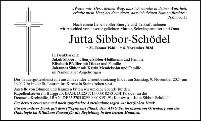  Traueranzeige für Jutta Sibbor-Schödel vom 07.11.2024 aus Neue Presse Coburg