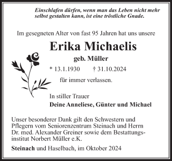 Traueranzeige von Erika Michaelis von Südthüringer Presse