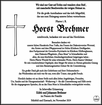 Traueranzeige von Horst Brehmer von Südthüringer Presse