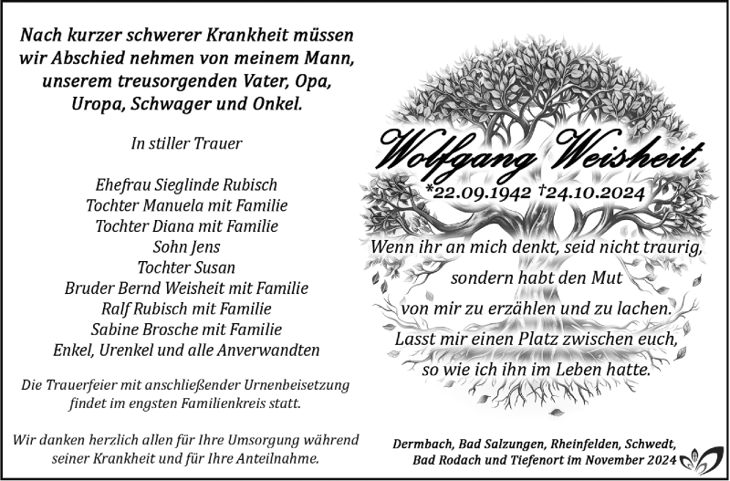  Traueranzeige für Wolfgang Weisheit vom 02.11.2024 aus Südthüringer Presse