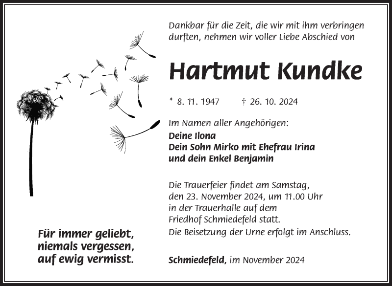  Traueranzeige für Hartmut Kundke vom 16.11.2024 aus Südthüringer Presse