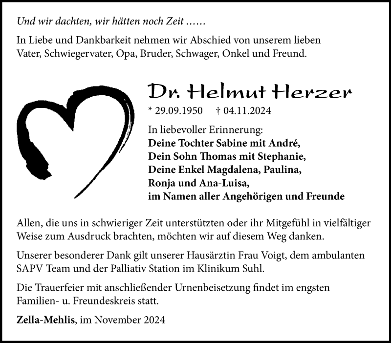  Traueranzeige für Dr.Helmut Herzer vom 09.11.2024 aus Südthüringer Presse