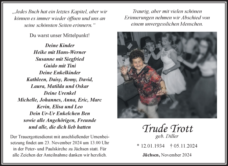  Traueranzeige für Trude Trott vom 21.11.2024 aus Südthüringer Presse