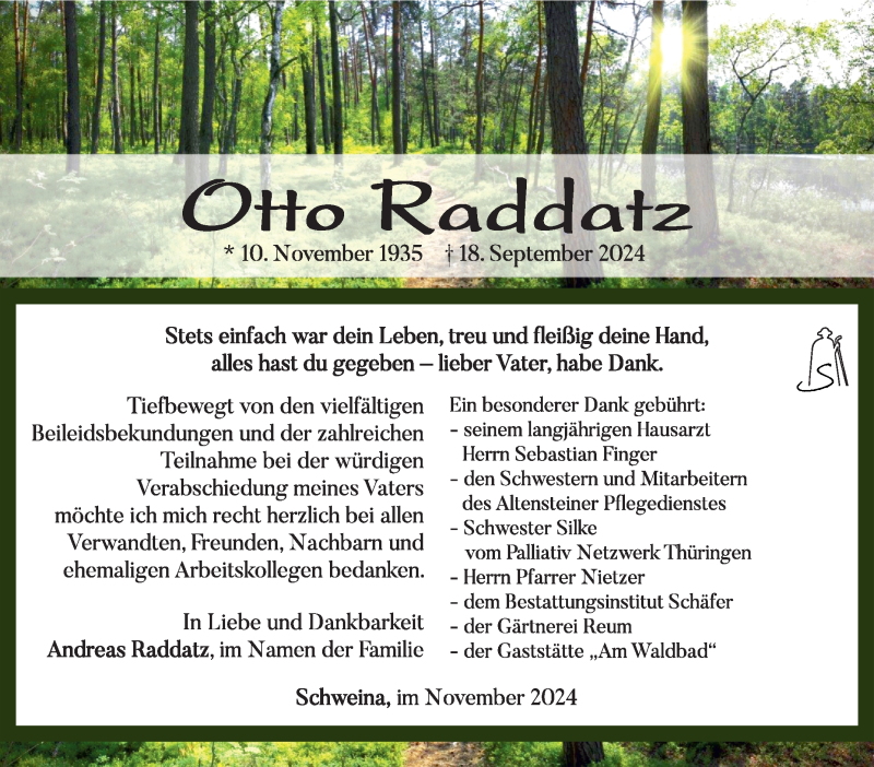  Traueranzeige für Otto Raddatz vom 01.11.2024 aus Südthüringer Presse