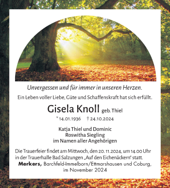 Traueranzeige von Gisela Knoll von Südthüringer Presse