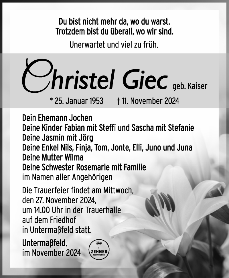  Traueranzeige für Christel Giec vom 23.11.2024 aus Südthüringer Presse
