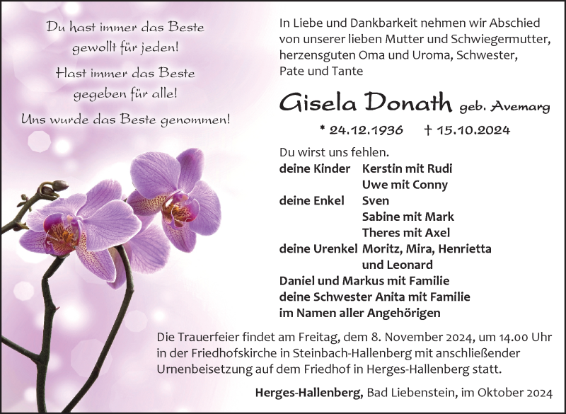  Traueranzeige für Gisela Donath vom 02.11.2024 aus Südthüringer Presse