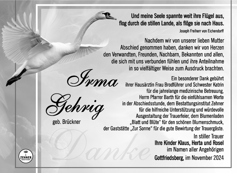  Traueranzeige für Irma Gehring vom 07.12.2024 aus Südthüringer Presse