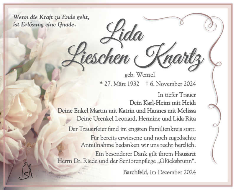  Traueranzeige für Lida Knartz vom 07.12.2024 aus Südthüringer Presse